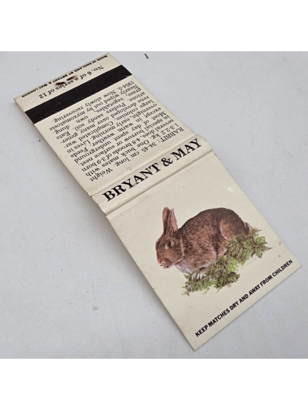Vintage Bryant & May Wild Animals Of Britain Matchbook Series No. 6 Rabbit